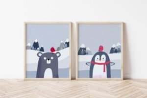 Bear and Penguin Nursery Wall Art, Kids