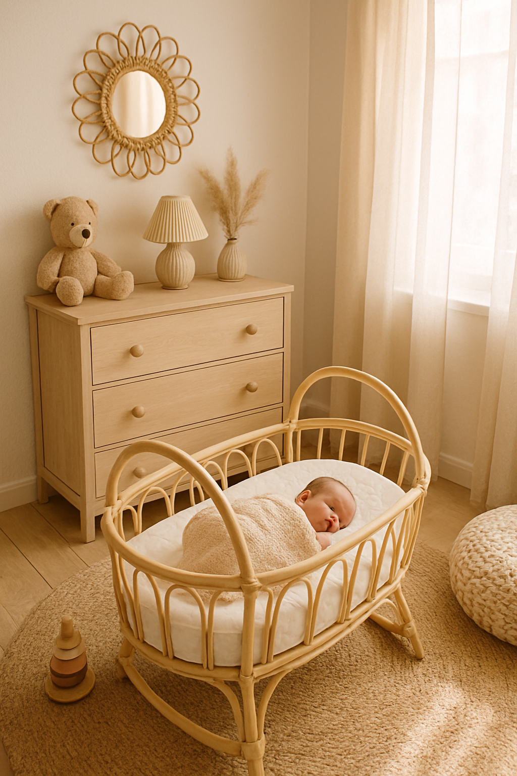 Sample daily rhythms - a peaceful newborn nursery, safe sleep bassinet