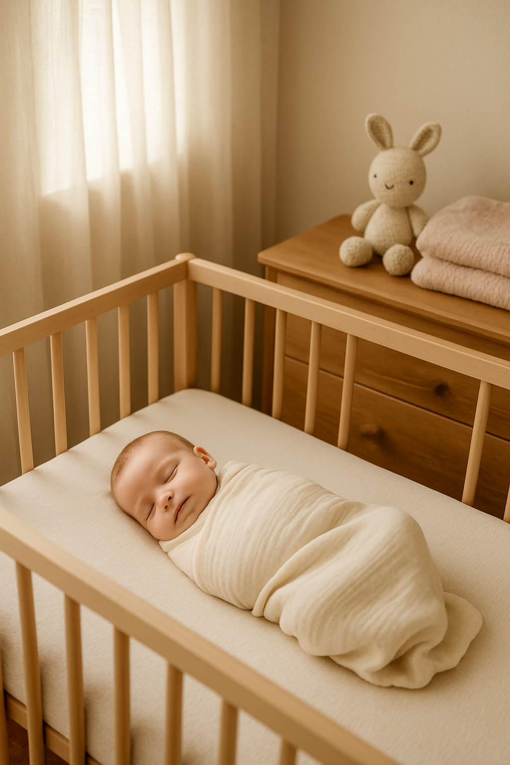 Peacefully sleeping swaddled baby in a softly lit, calm neutral-toned nursery