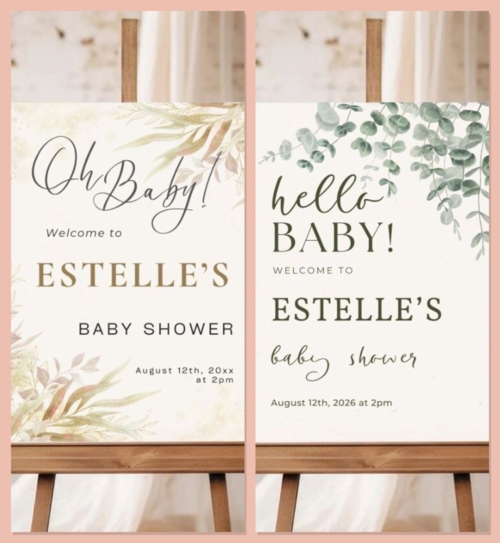 Two printable baby shower welcome signs on easels, one with eucalyptus leaves and one with soft watercolor greenery
