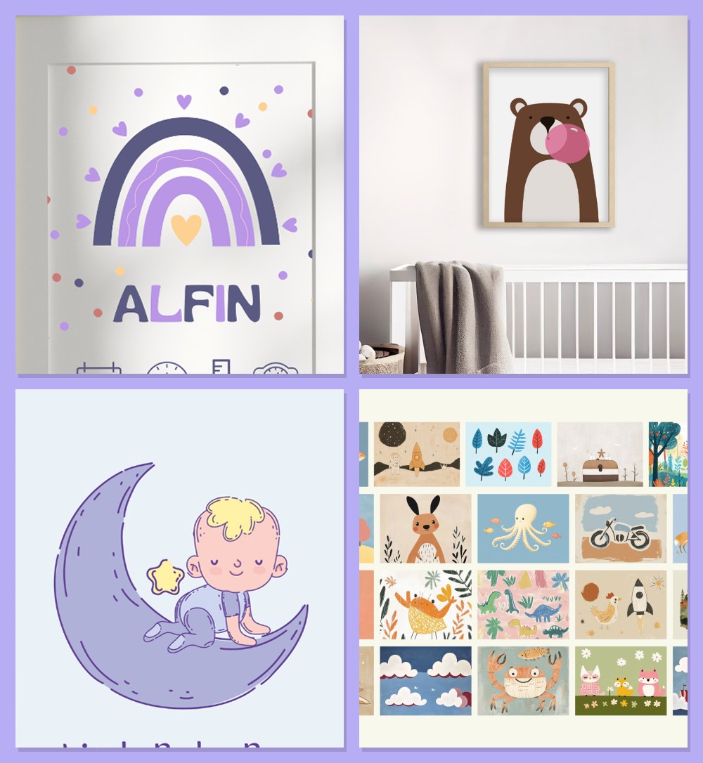 Boy nursery wall art: a pastel rainbow name print, a bear portrait, a baby asleep on the moon and a woodland animal poster