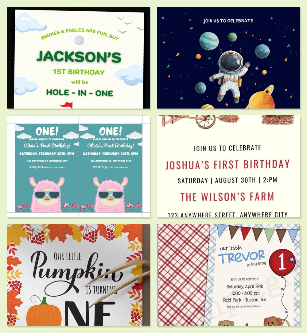 First birthday invitation templates in six themes: golf, outer space, llama, farm, pumpkin and red balloon