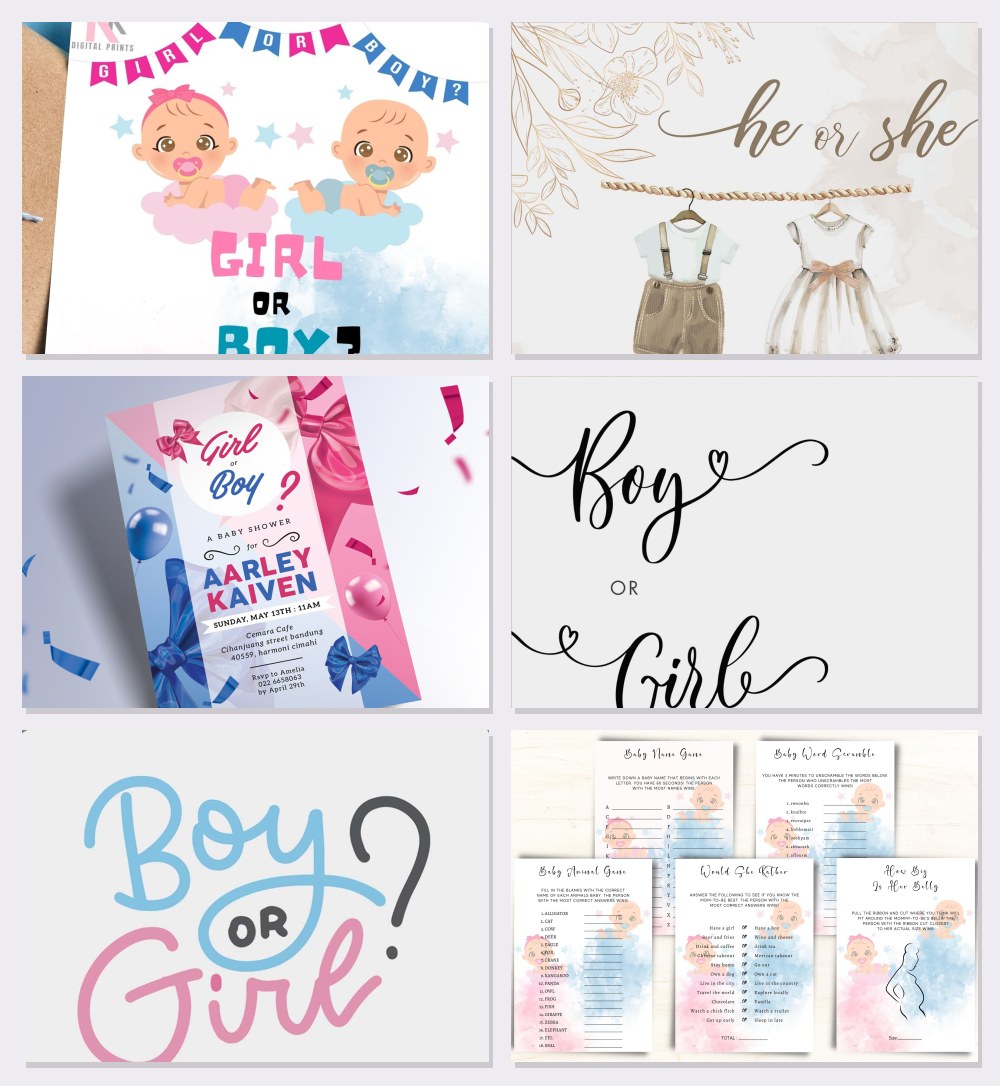 Gender reveal printables: boy or girl invitations, a he or she banner, a pink and blue sign and party games
