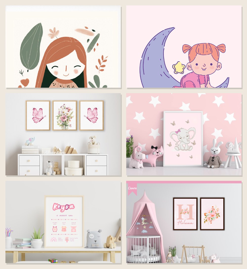 Girl nursery wall art in soft pink: a girl portrait, a baby on the moon, butterfly prints, an elephant poster and name signs