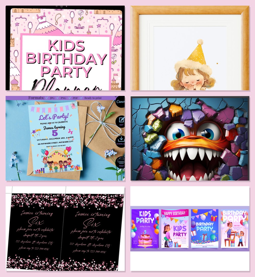 Kids birthday printables: party planner, invitation templates, a party hat girl and a monster party invite