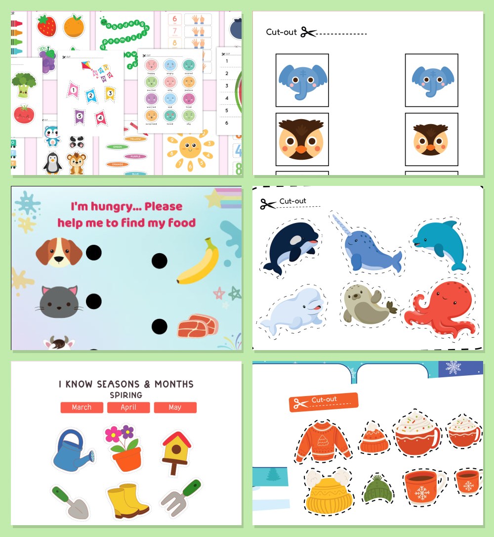 Toddler busy book pages: matching cards, cut-out animals, a feed the animals page and a seasons sorting sheet